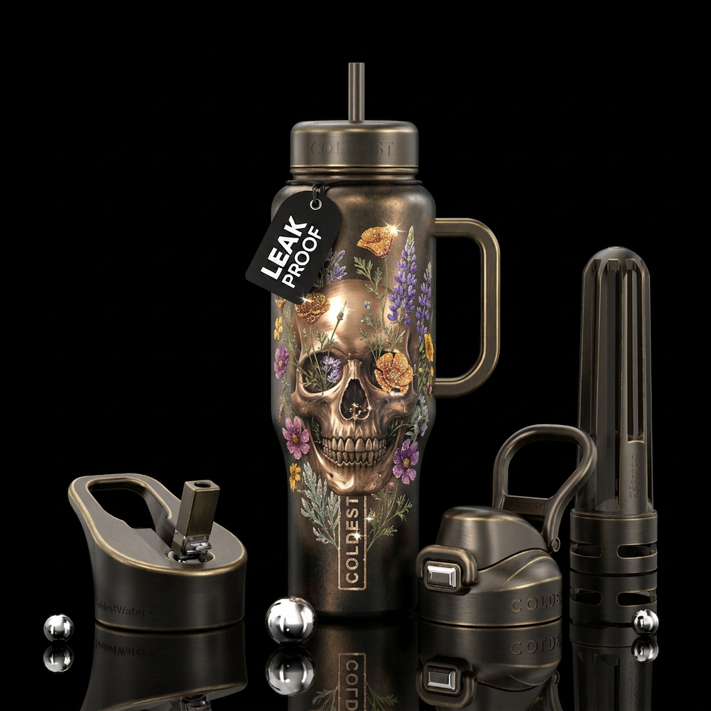 Skull with wild flowers growing out of it metalic ... water bottle design