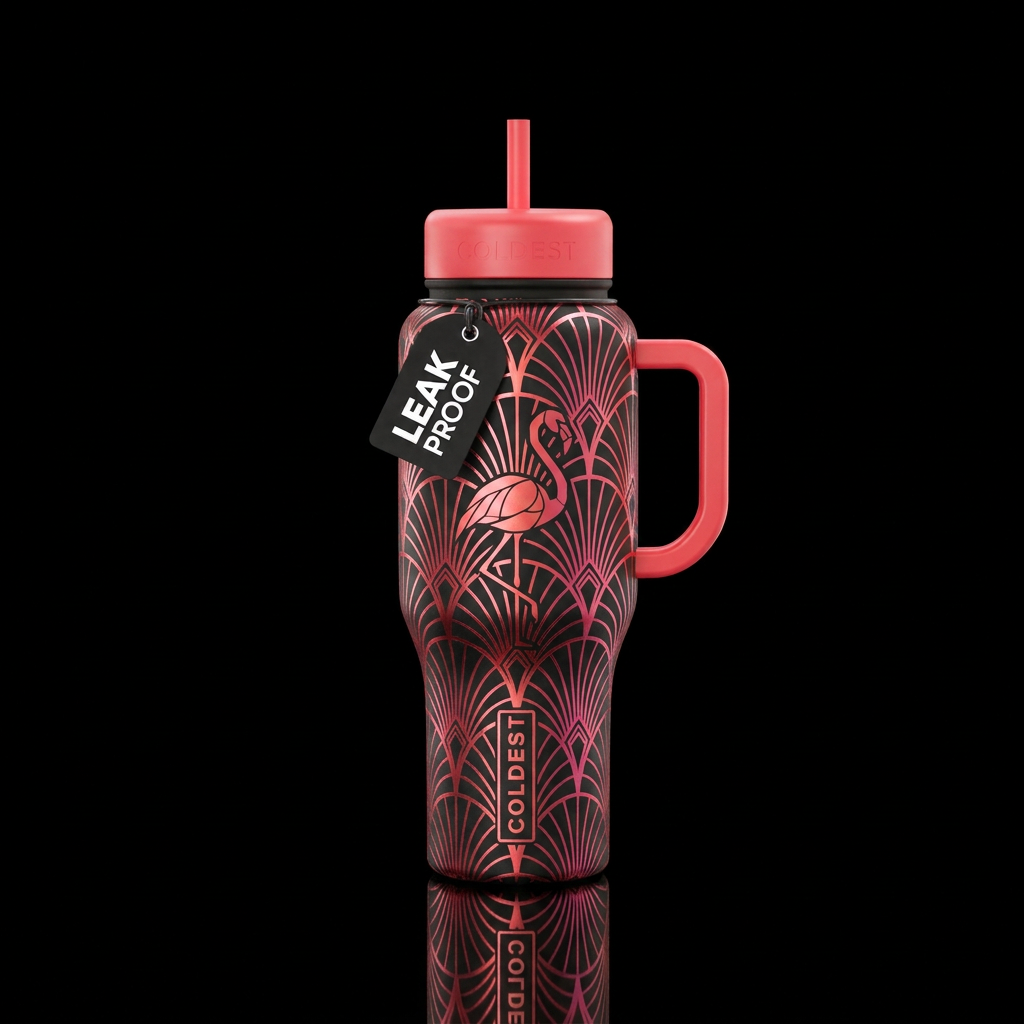 repeated flamingo style art deco monochromatic met... water bottle design