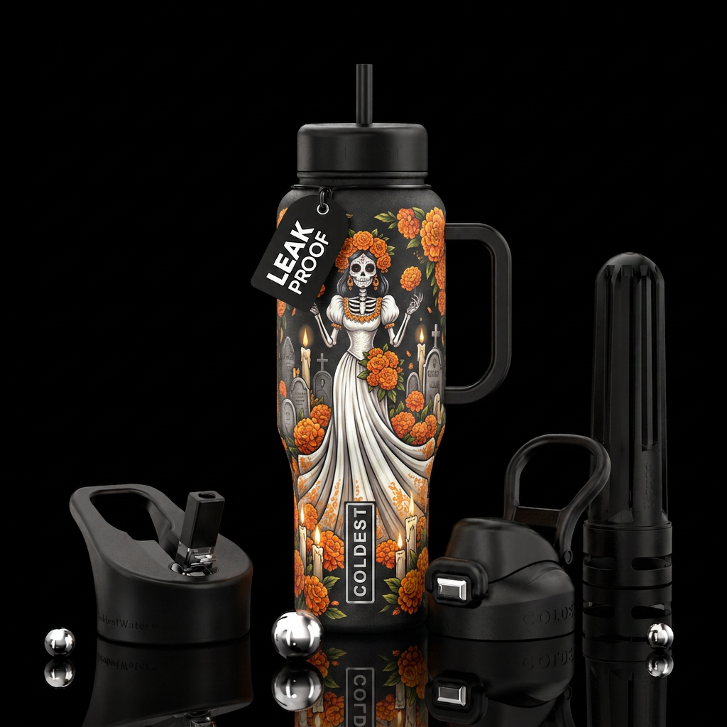 White catrina with long dress surrounded by marigo... water bottle design