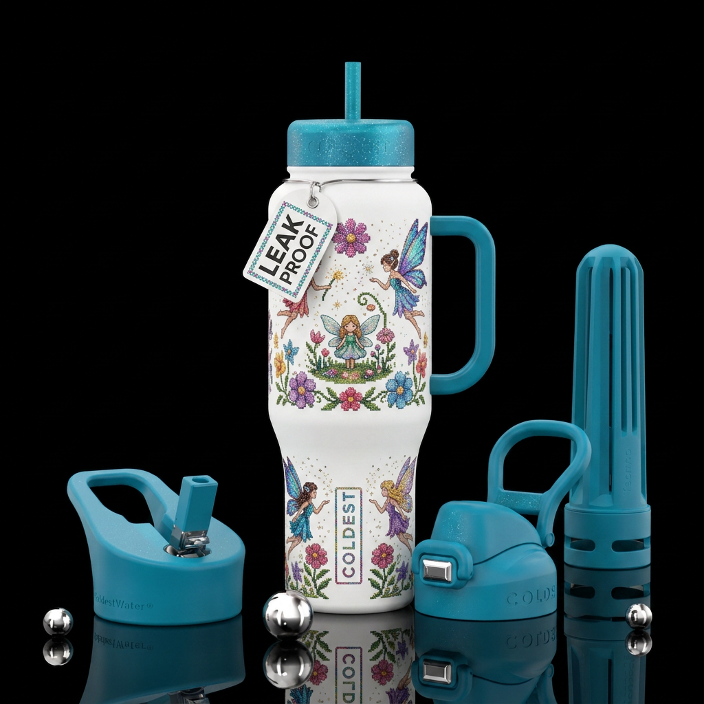 Cross stich colorful flowers on a white bottle Mag... water bottle design