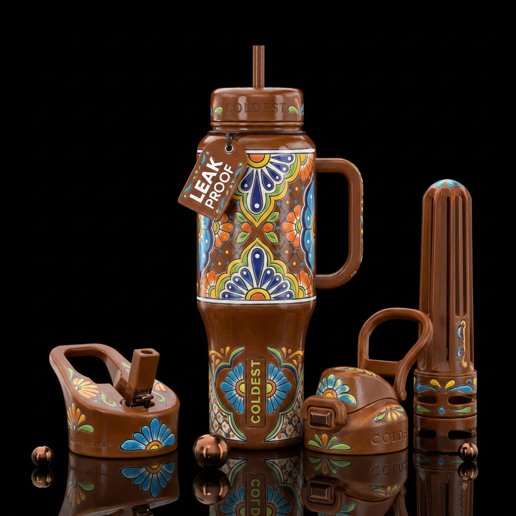 Talavera pottery on a brown bottle water bottle design