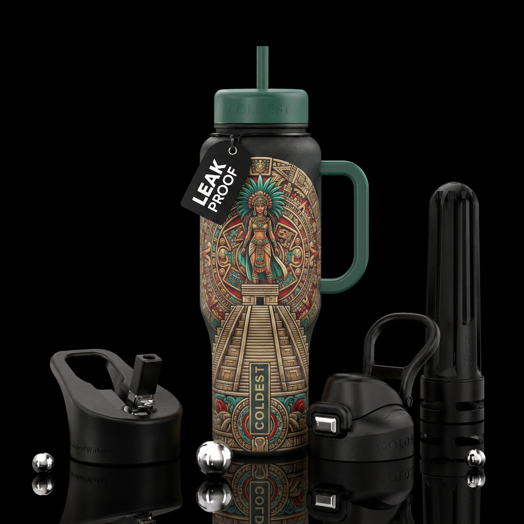 Aztec Princess standing on top of a pyramid water bottle design