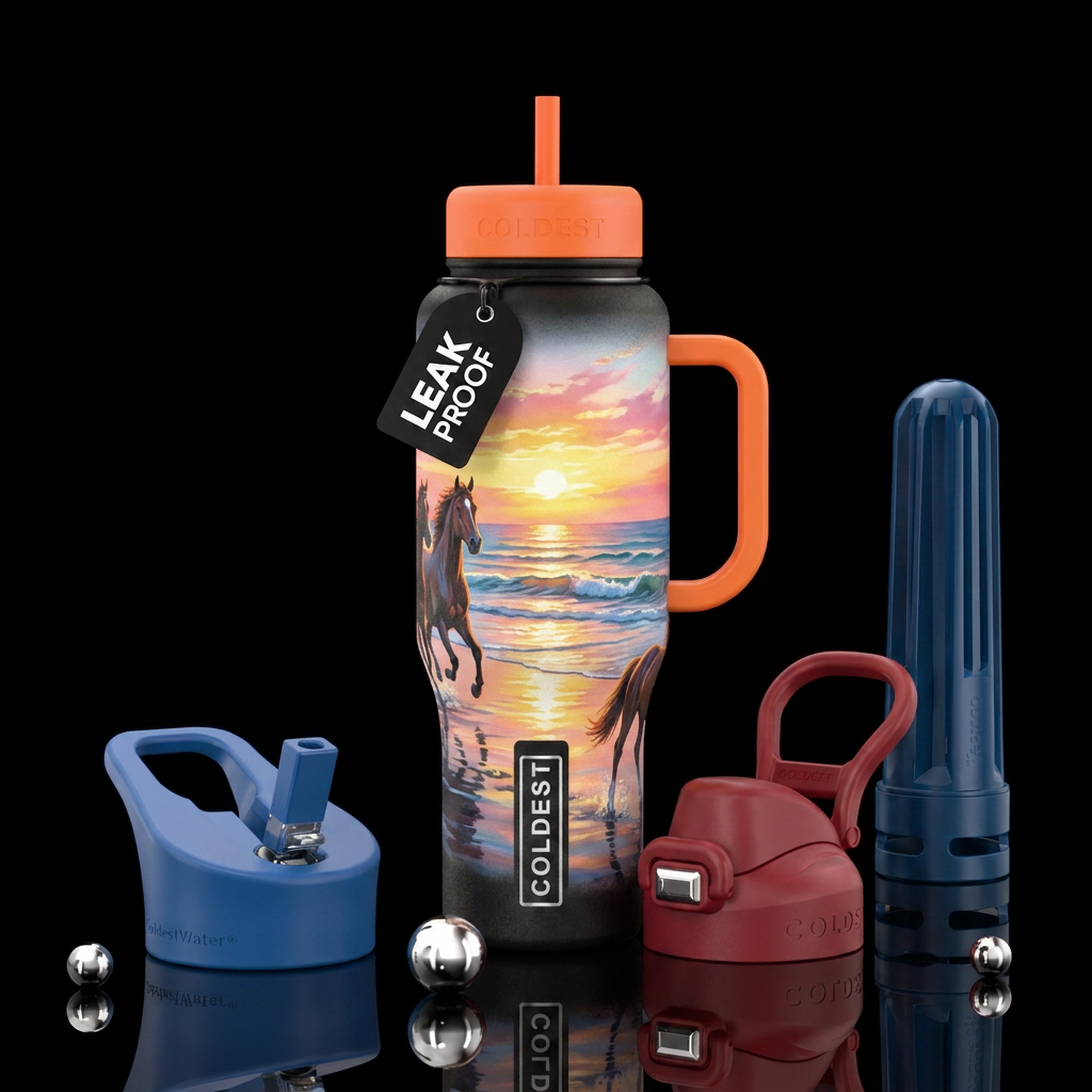 Horses, beach, sunset, ocean water bottle design