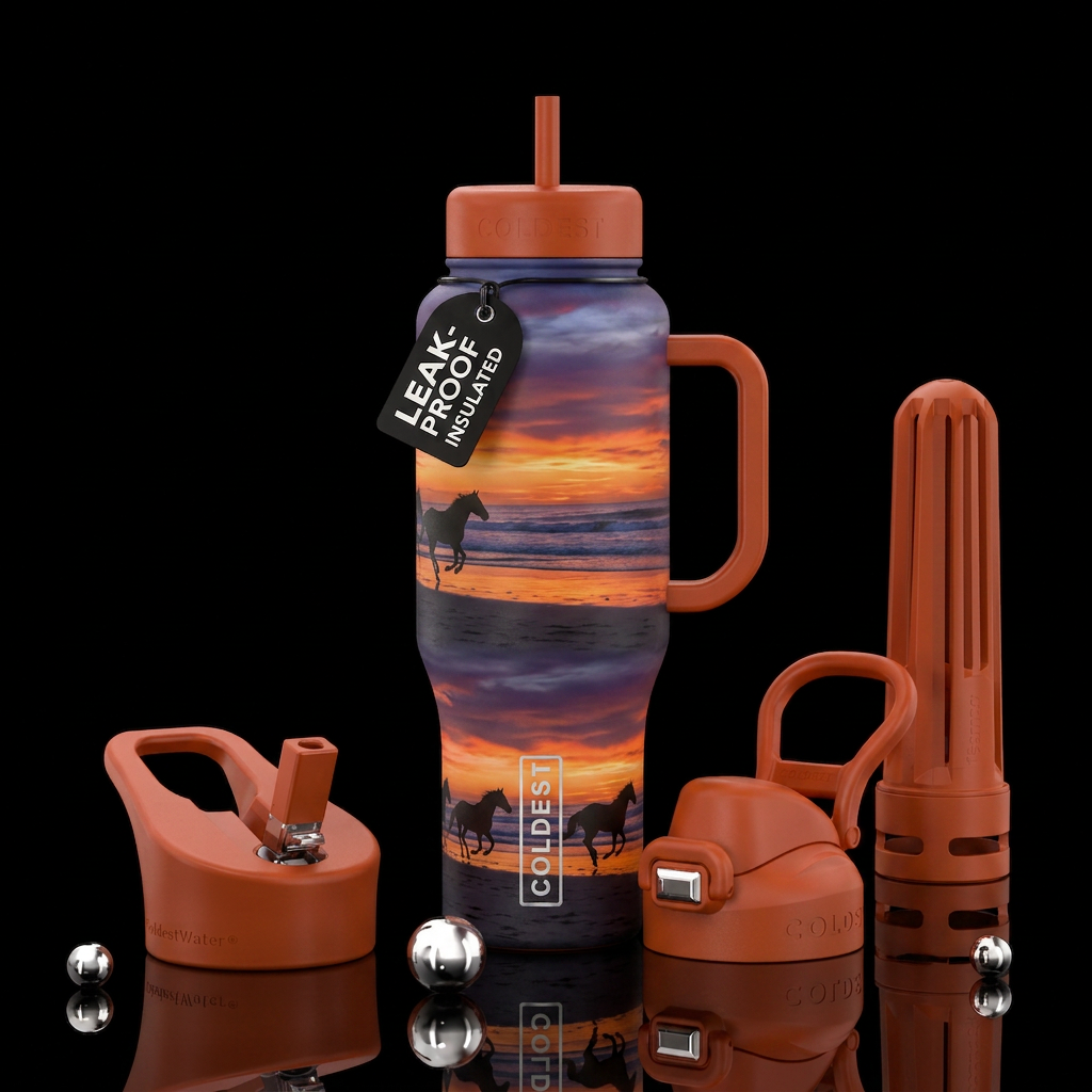 Horses, beach, sunset, ocean water bottle design
