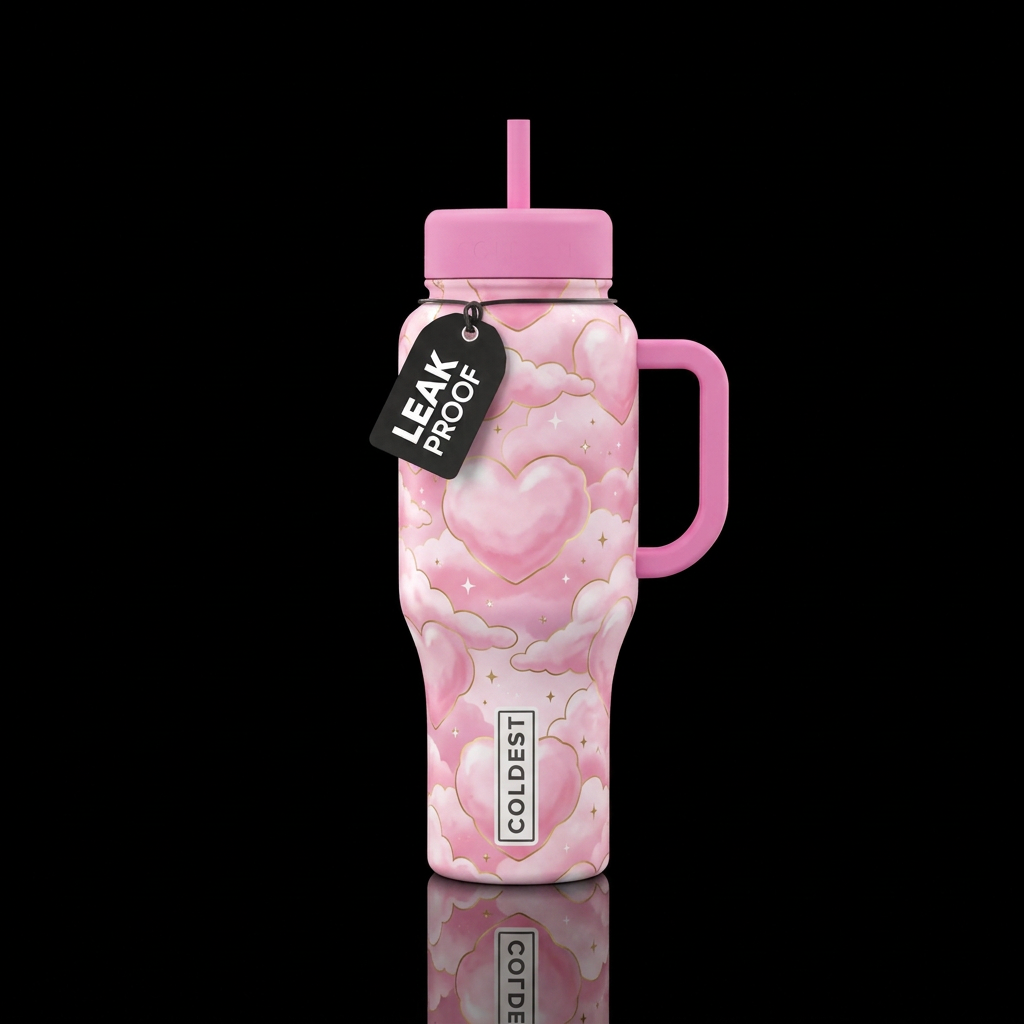 Pink heart clouds water bottle design