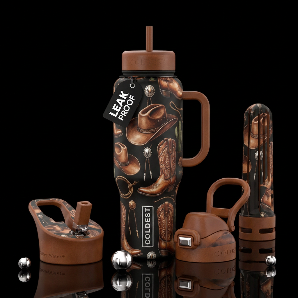Cowboy hat, boots water bottle design