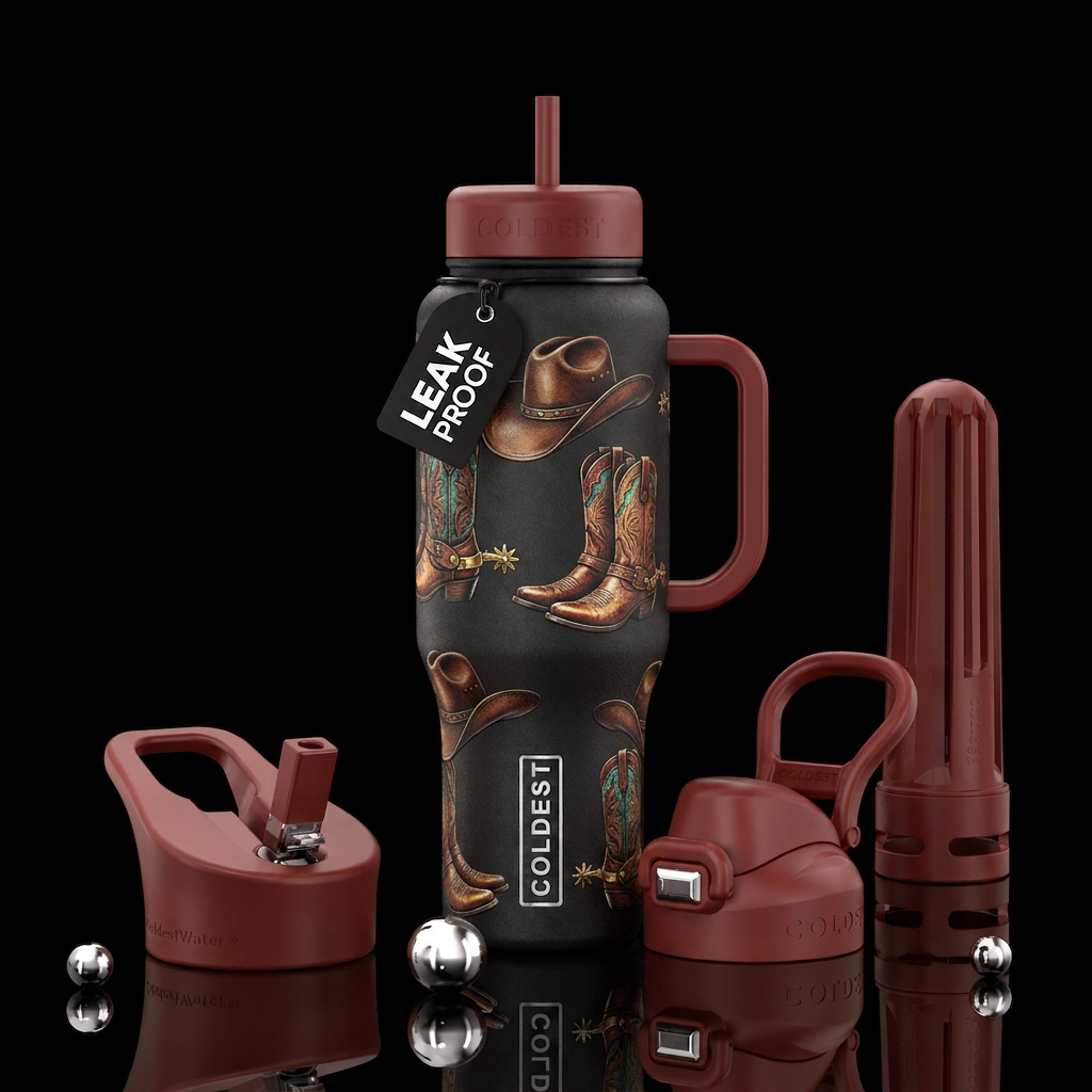 Cowboy hat, boots water bottle design