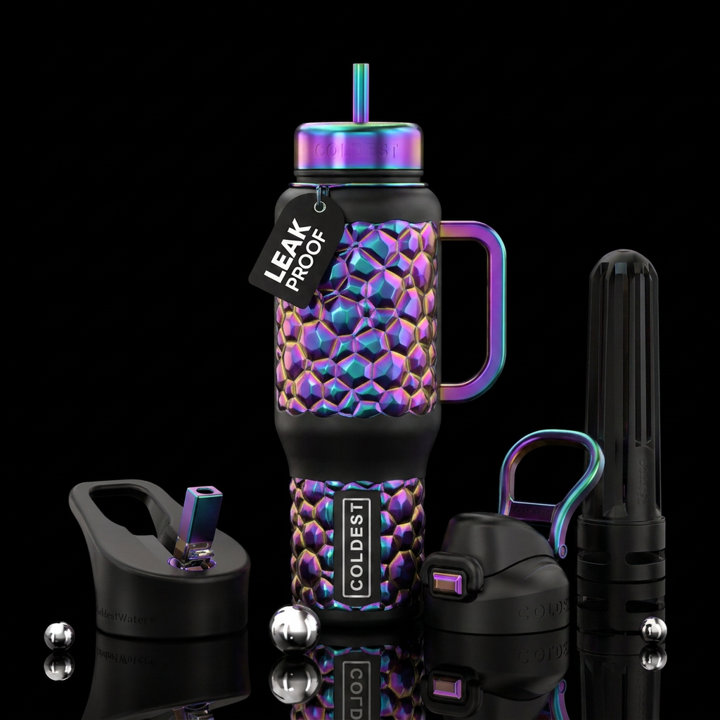 Bubbles iridescent on a black bottle water bottle design