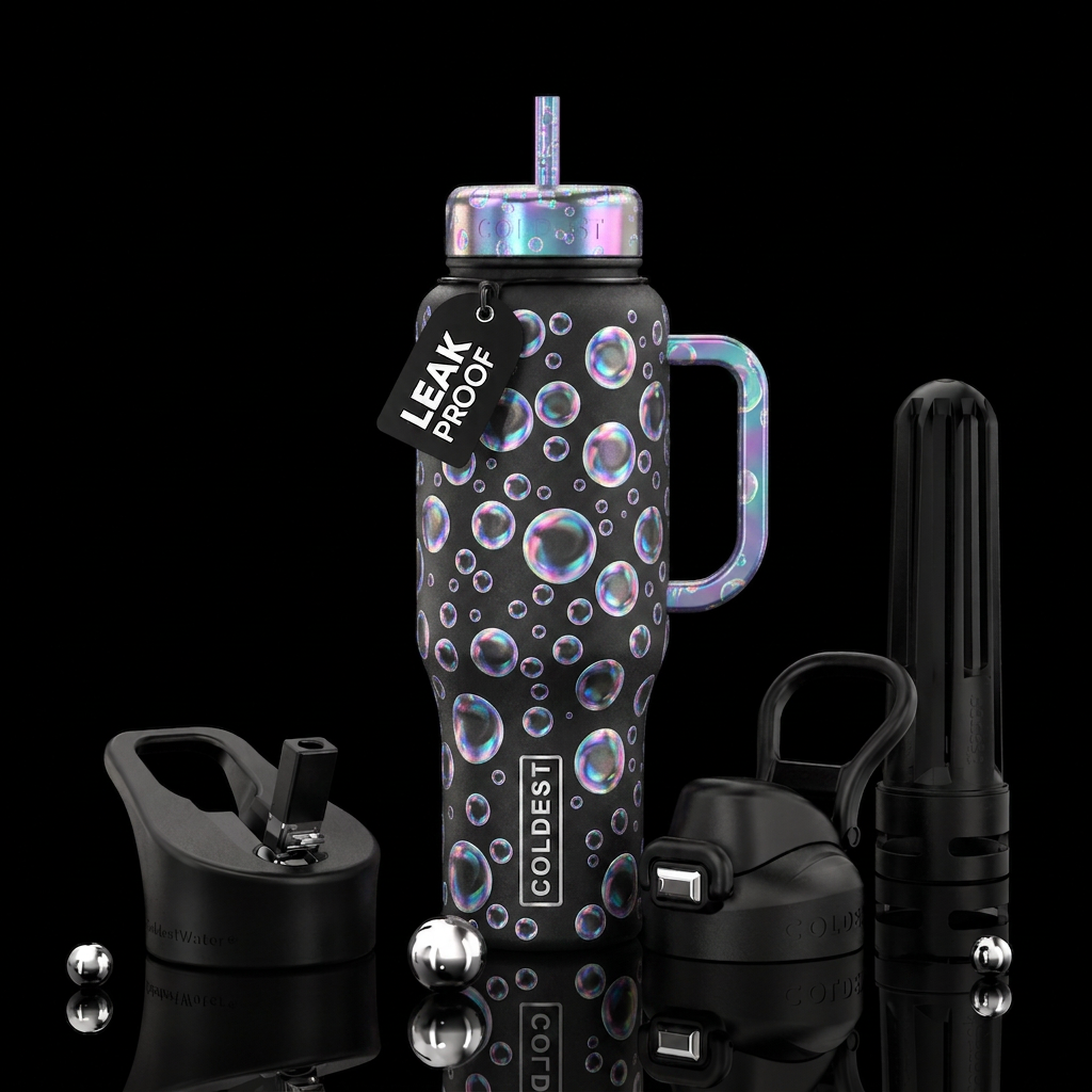 Bubbles iridescent on a black bottle water bottle design