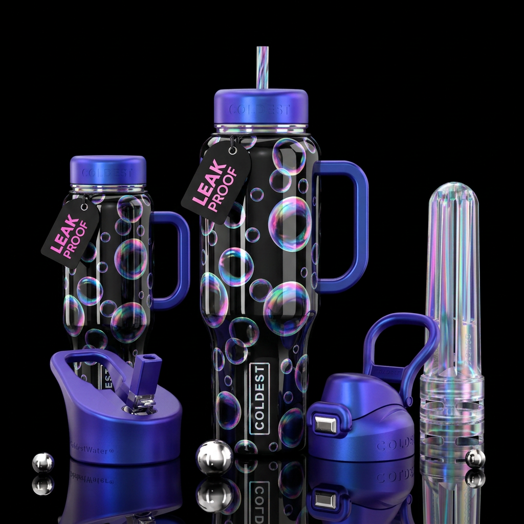 Black bottle with iridescent bubbles water bottle design