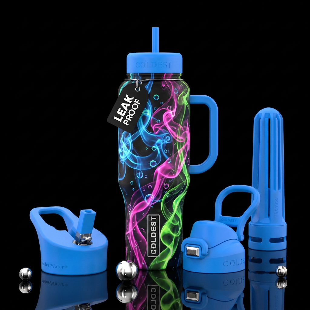 Smoke and bubbles neon colors on black bottle water bottle design