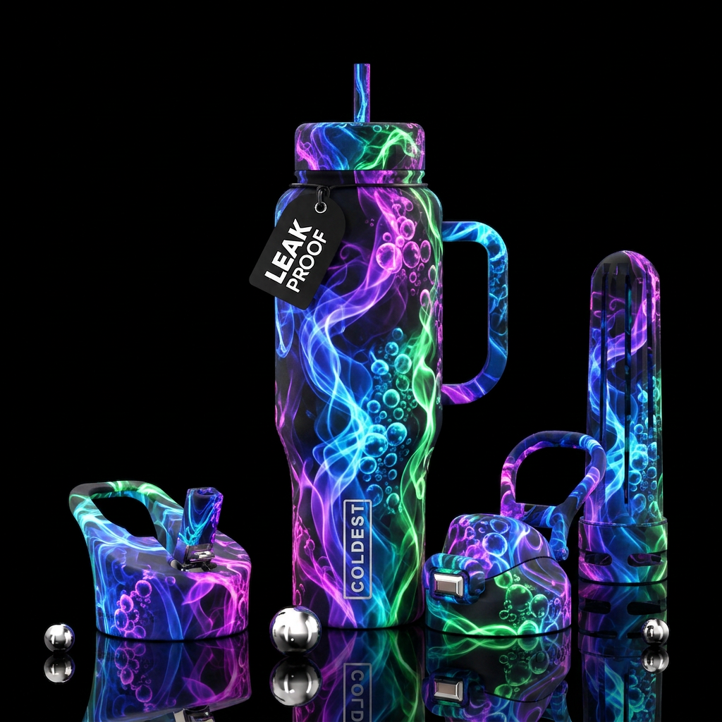 Smoke and bubbles neon colors on black bottle water bottle design