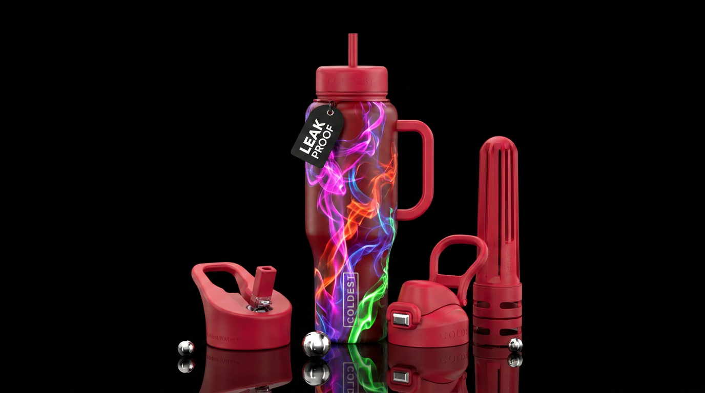 Neon colorful smoke on red bottle water bottle design