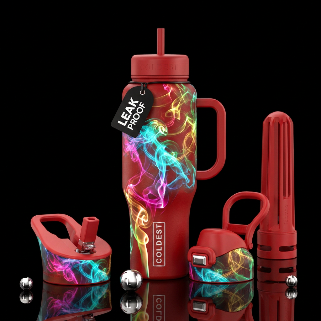 Neon colorful smoke on red bottle water bottle design