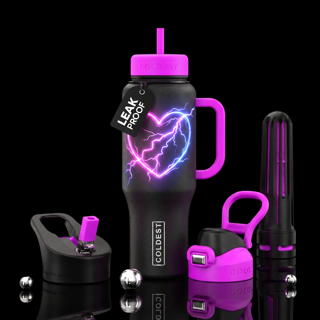 Lightening strike in the shape of a heart, neon water bottle design