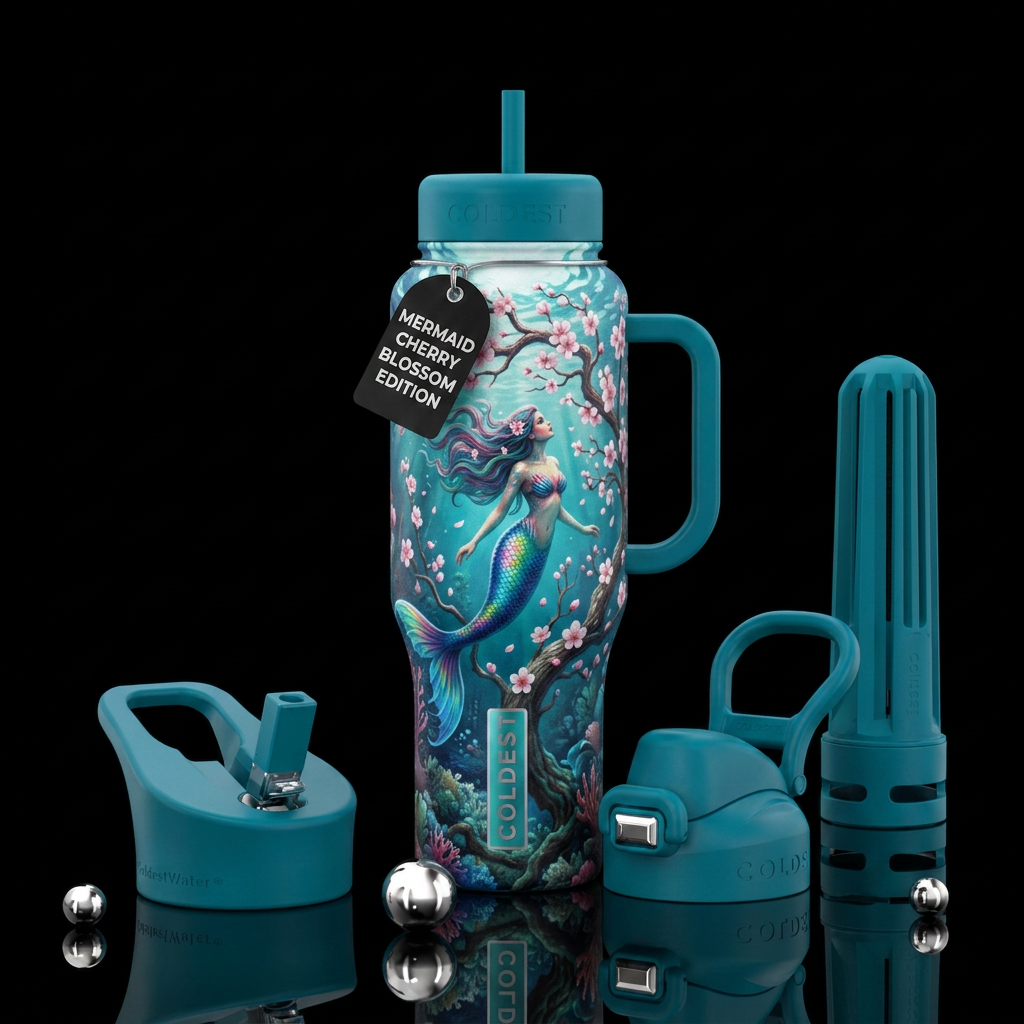Mermaid under water cherry blossom tree water bottle design
