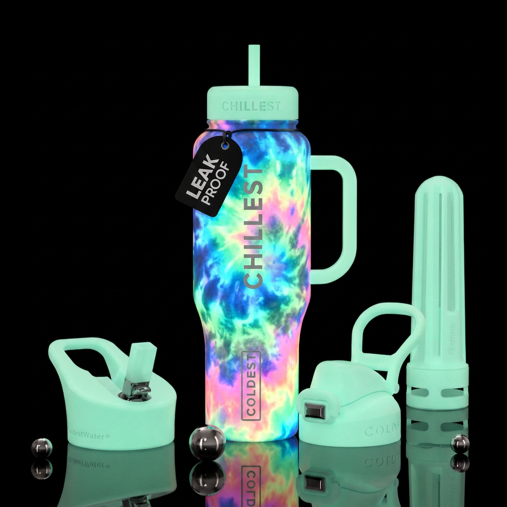 Tiedye clouds glow in the dark water bottle design