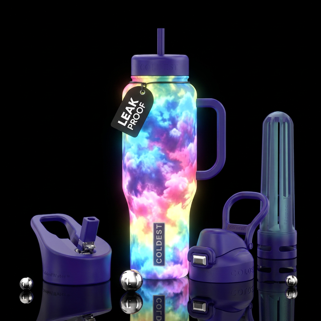 Tiedye clouds glow in the dark water bottle design