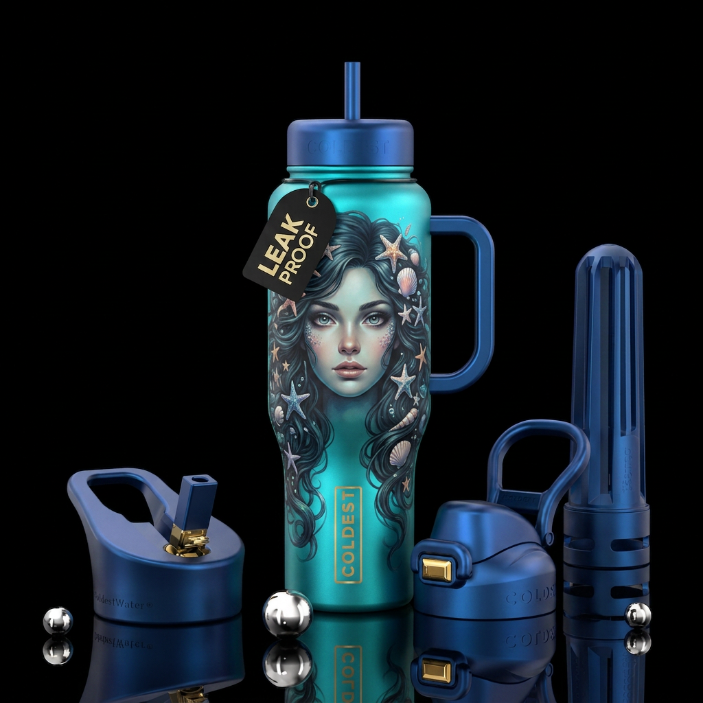 Up close mermaid portrait. Blue grey eyes, long da... water bottle design