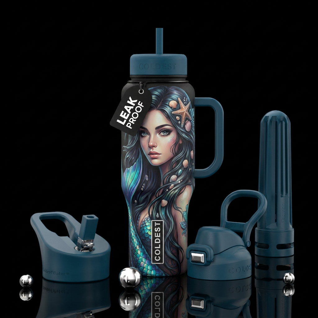 close mermaid portrait. Blue grey eyes, long dark ... water bottle design