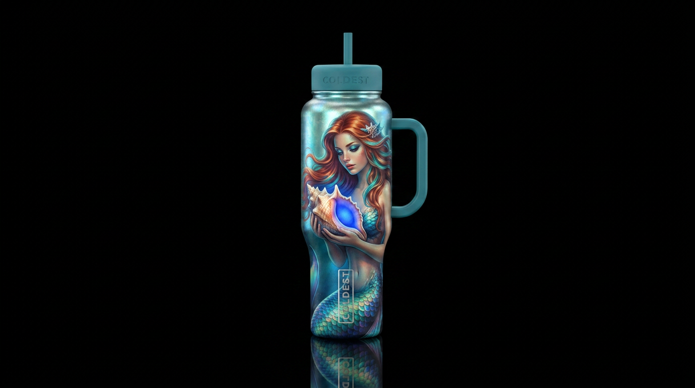Mermaid realistic holding a conch shell that glows water bottle design