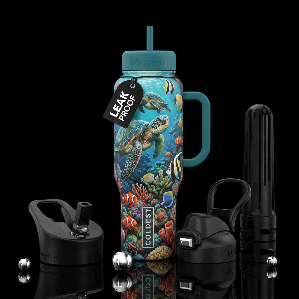 Sea turtles, coral reefs, fish water bottle design