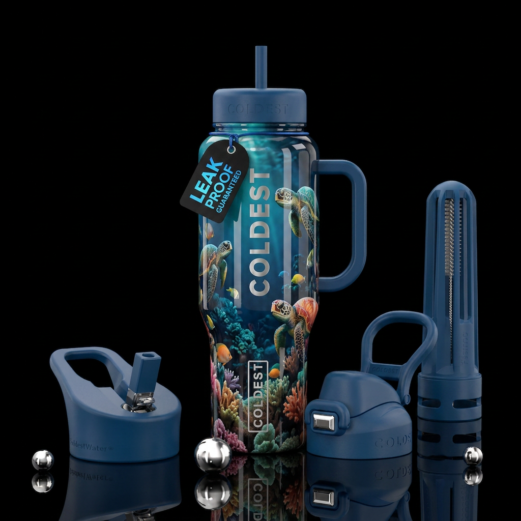 Sea turtles, coral reefs, fish water bottle design
