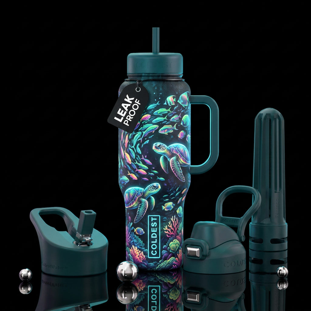 Sea turtles, coral reefs, fish, neon, dreamy water bottle design