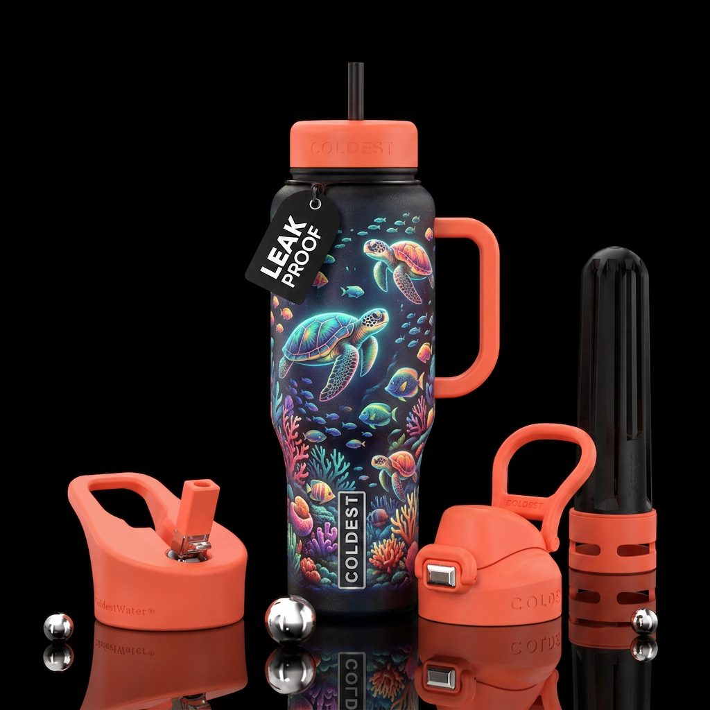 Sea turtles, coral reefs, fish, neon, dreamy water bottle design