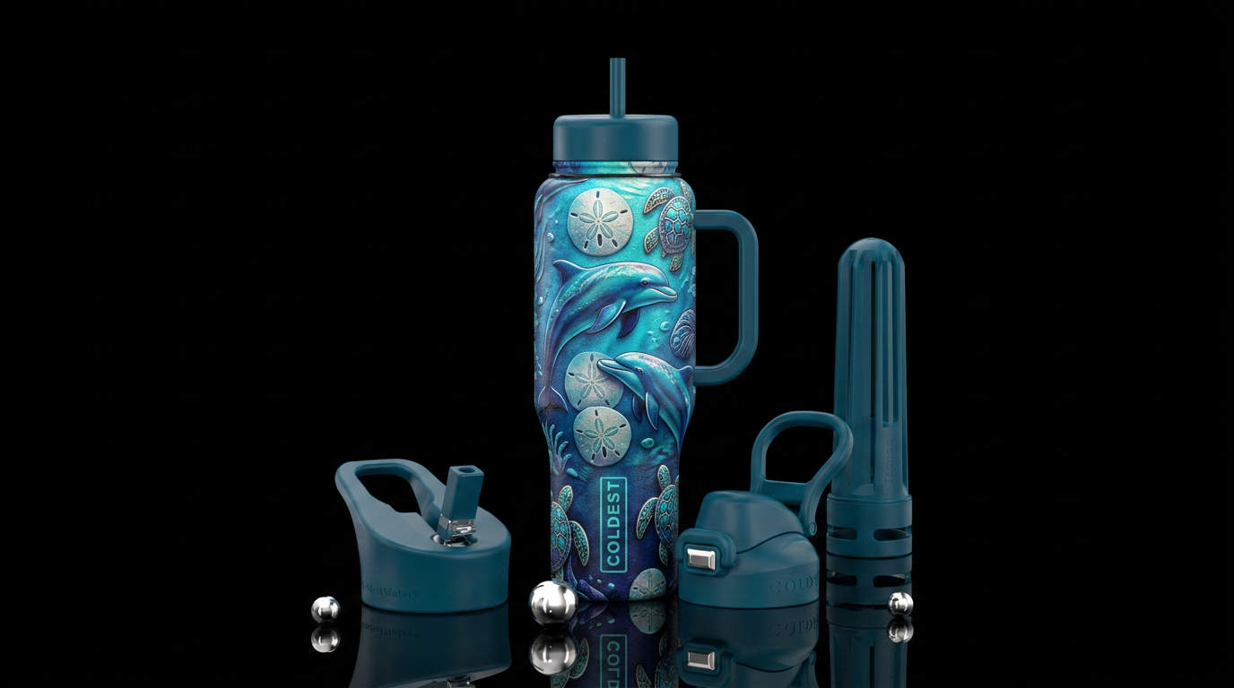 Dolphins, sanddollars, sea turtles water bottle design