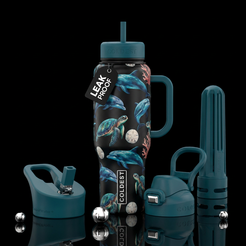 Dolphins, sanddollars, sea turtles water bottle design