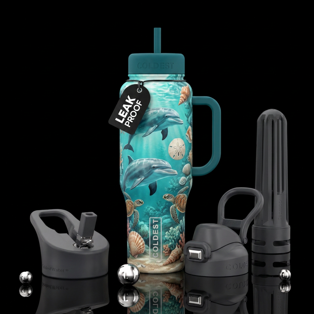 Dolphins, sanddollars, sea turtles, seashells, cor... water bottle design