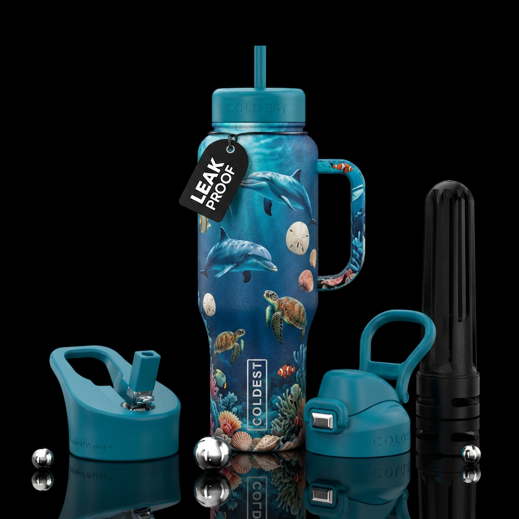 Dolphins, sanddollars, sea turtles, seashells, cor... water bottle design