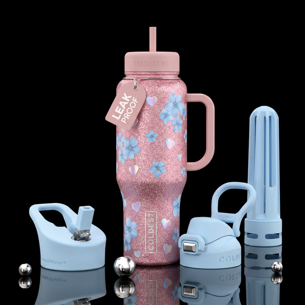 Blush pink glitter bottle, baby blue flowers, irid... water bottle design