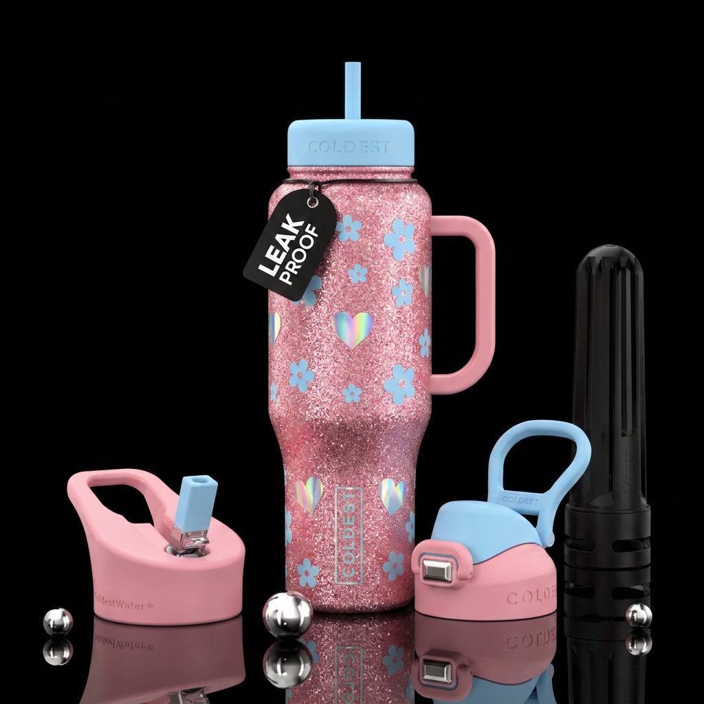 Blush pink glitter bottle, baby blue flowers, irid... water bottle design