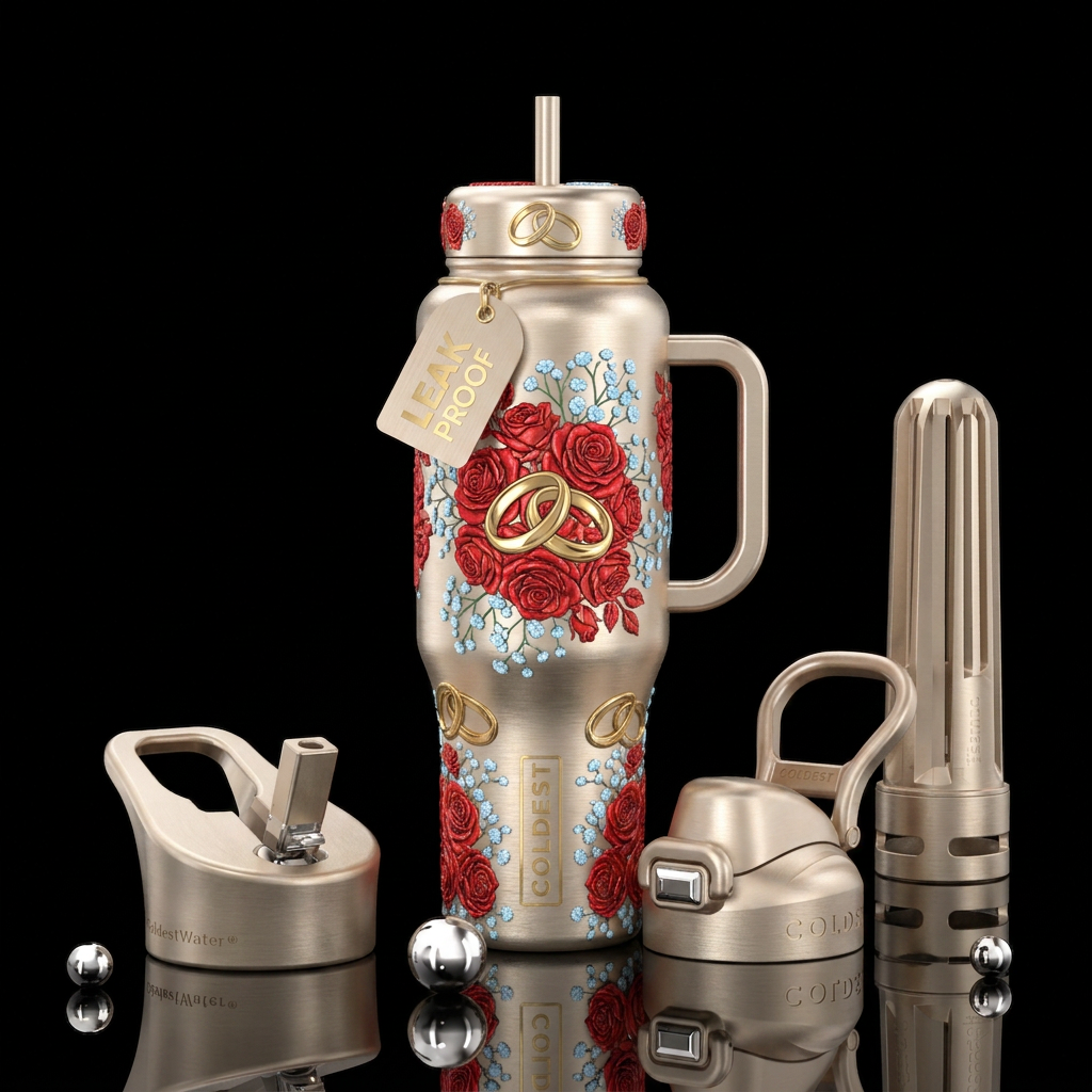 Champagne color bottle, wedding rings, red roses w... water bottle design