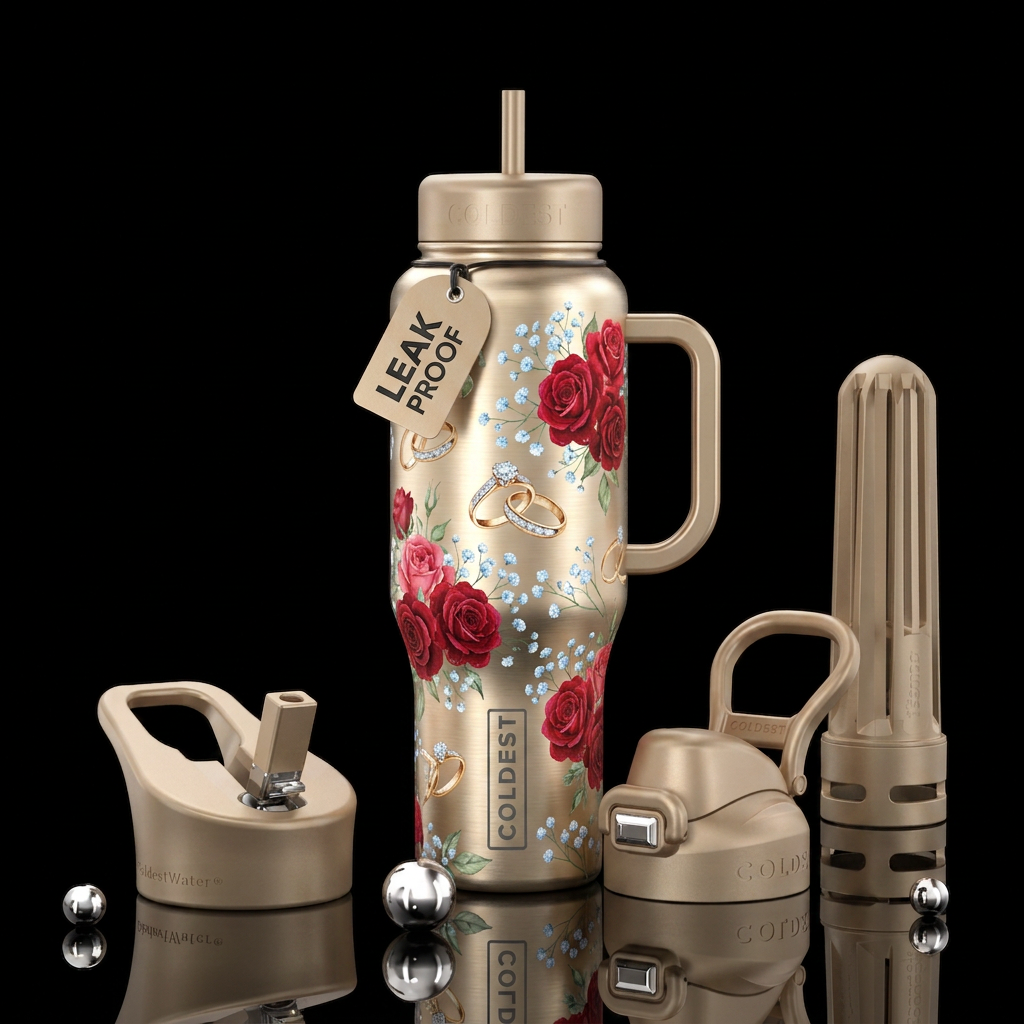 Champagne color bottle, wedding rings, red roses w... water bottle design