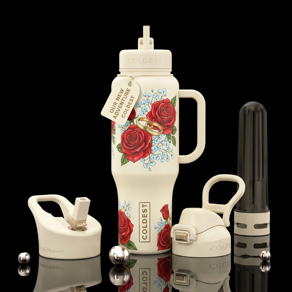 Ivory color bottle, wedding rings, red roses with ... water bottle design
