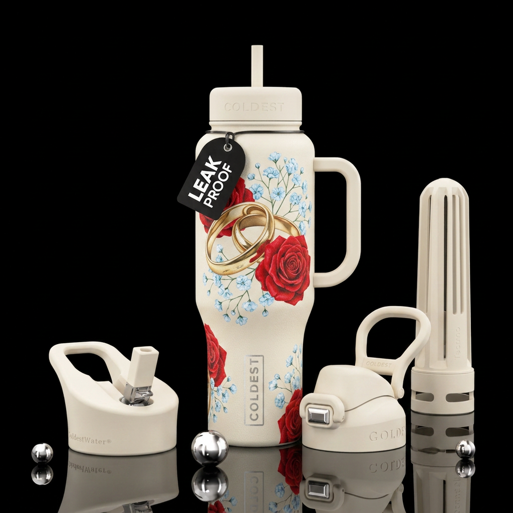 Ivory color bottle, wedding rings, red roses with ... water bottle design