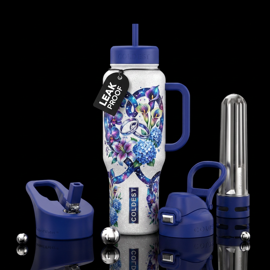 Glittery white bottle, galaxy orchids, lilies, pic... water bottle design