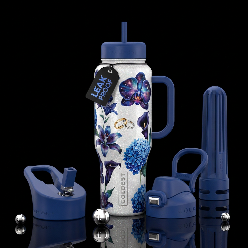 Glittery white bottle, galaxy orchids, lilies, pic... water bottle design
