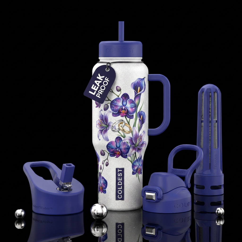 Glittery white bottle, galaxy orchids, lilies, pic... water bottle design