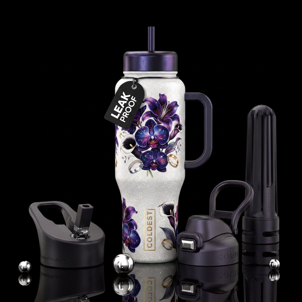 Glittery white bottle, galaxy orchids, lilies, pic... water bottle design