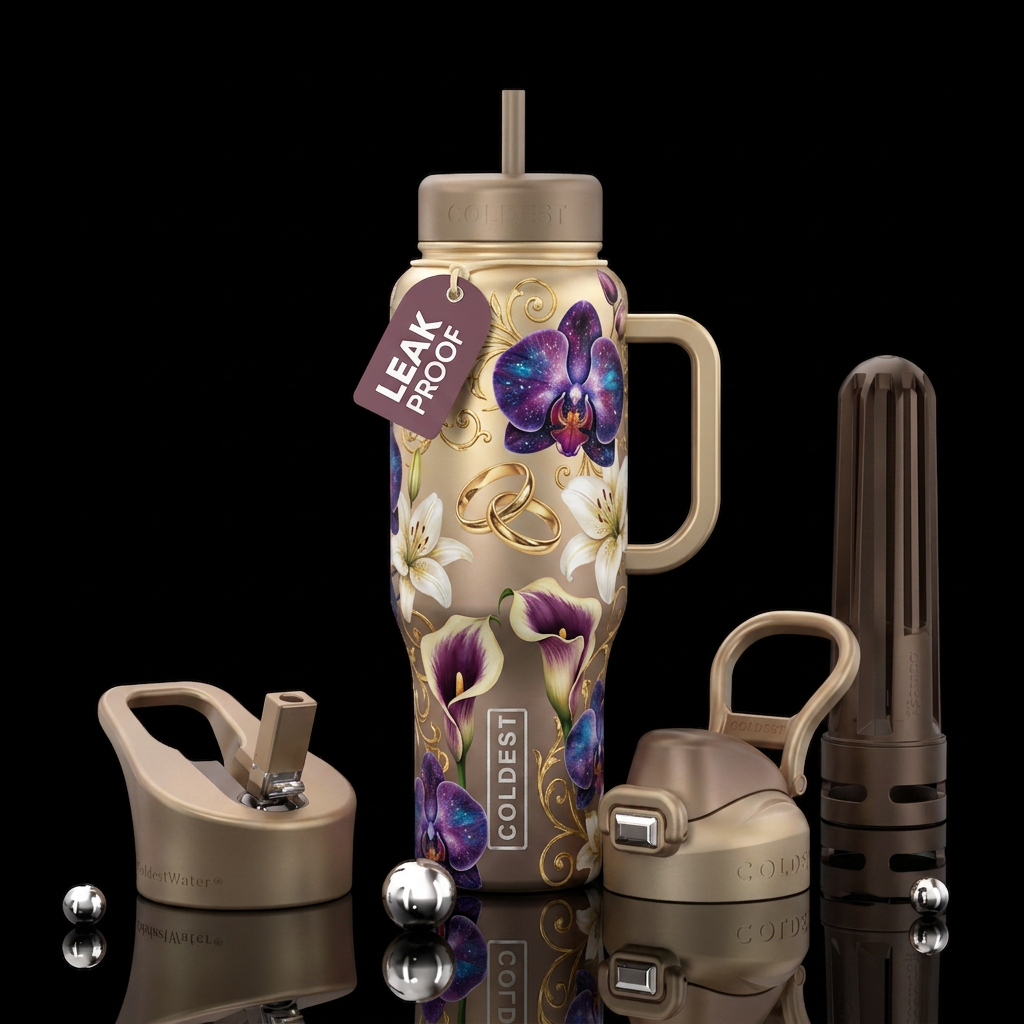 Champagne bottle, galaxy orchids, lilies, picasso ... water bottle design