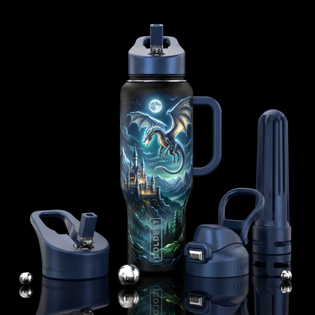 Moonlight dragon over glowing castle water bottle design