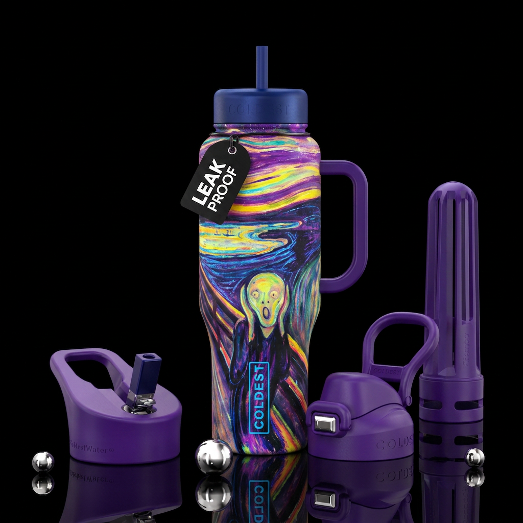 Scream painting with neon colors galaxy sky water bottle design