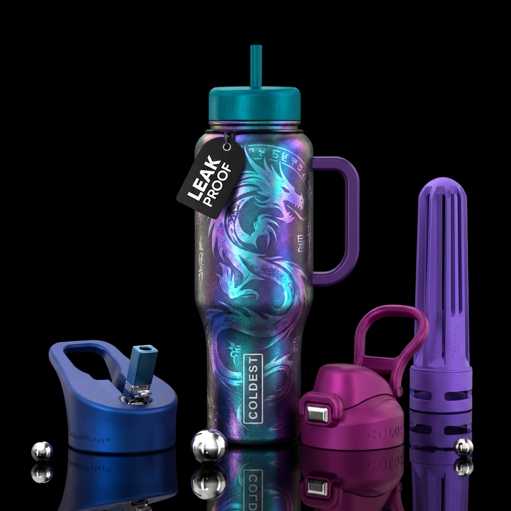 The last dragon. Iridescent, dreamy water bottle design