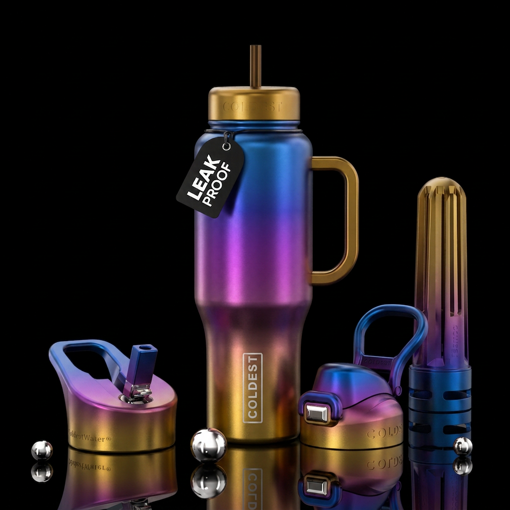 Titanium heated up, gold on bottom ombre to purple... water bottle design