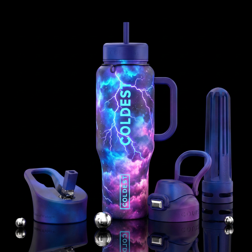 Glow in the dark colorful cloudy sky with lighteni... water bottle design