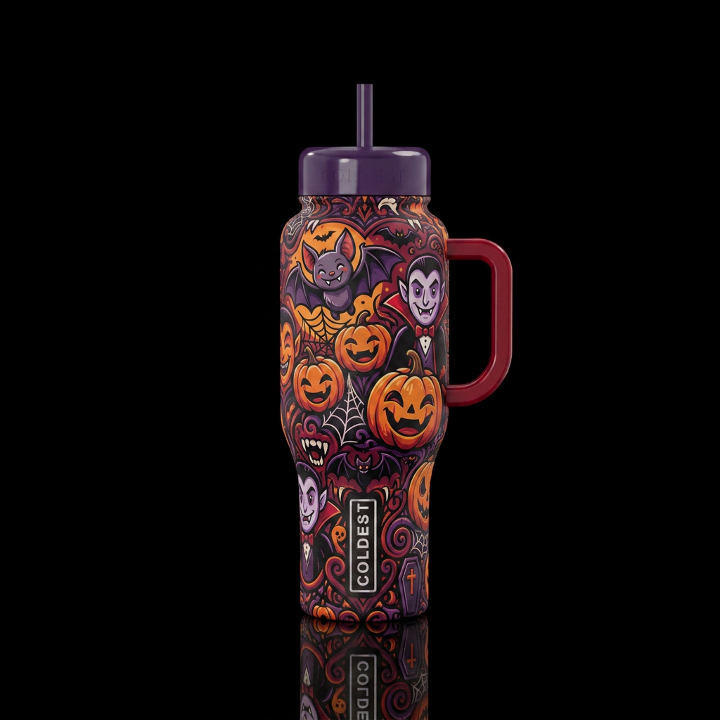Vampire cartoon theme halloween pumpkin water bottle design